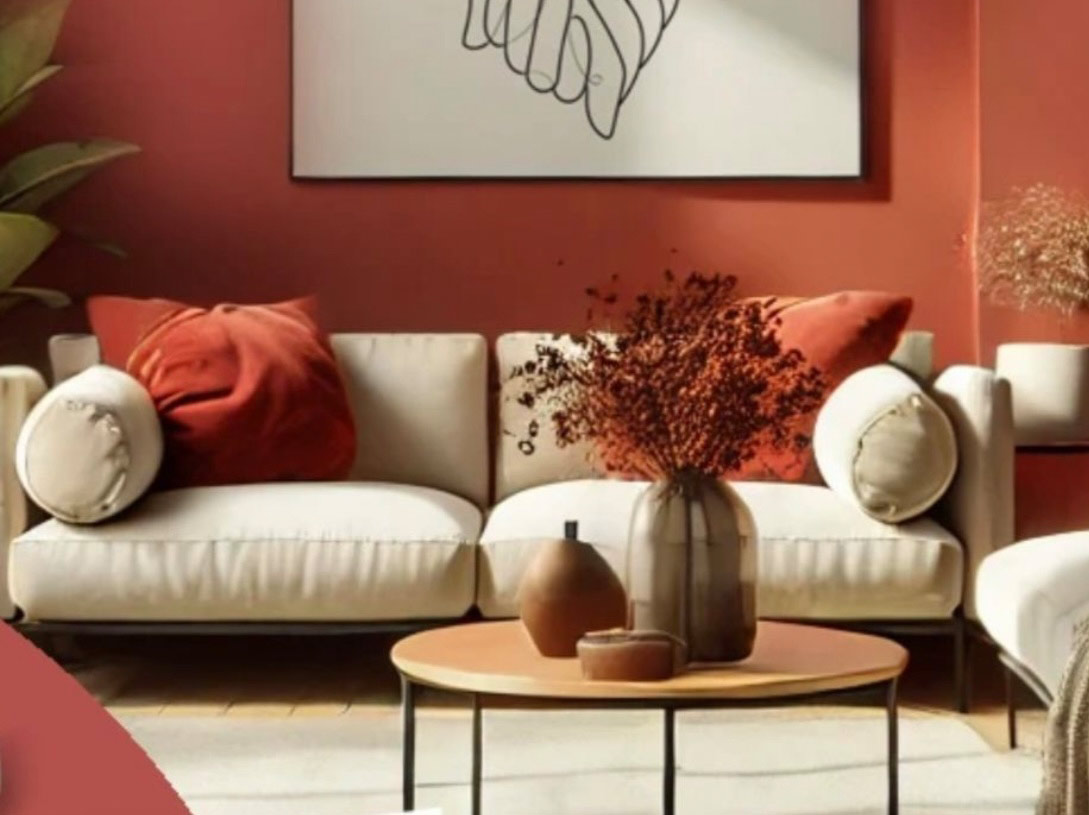 Rote Wand in einem Zimmer mit einer beigen Couch